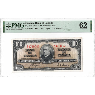 $100 1937 Bank of Canada Note Coyne-Towers B/J Prefix BC-27c - PMG UNC-62 Tear