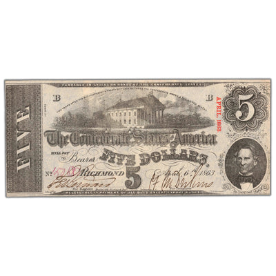 SOLD United States 1863 Confederate States of America $5 Five Dollars Note T-60 - AU