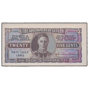 SOLD Ceylon 1942 25 Cents Note P #44a - AU/UNC