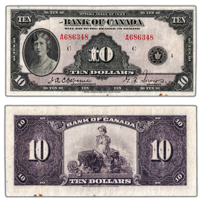 SOLD $10 1935 Bank of Canada Note English Text BC-7 - VF (minor stains)