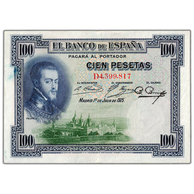 SOLD Spain 1925 100 Pesetas Note P #69c - About EF