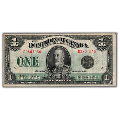 SOLD $1 1923 Dominion of Canada NoteBlack Seal DC-25n - VF (corner tip damage)