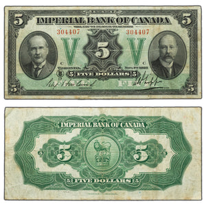SOLD $5 1923 Imperial Bank of Canada Chartered Note #375-18-02 - F/VF (minor pinholes)
