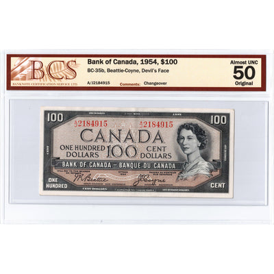 SOLD $100 1954 Bank of Canada Note Beattie-Coyne Devil Face BC-35b - BCS AU-50