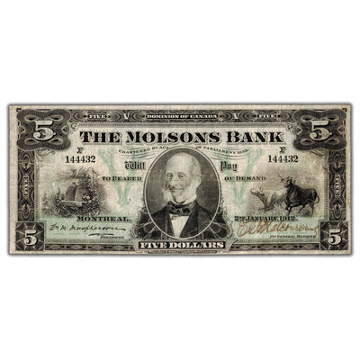SOLD $5 1912 The Molsons Bank Canada Chartered Note #490-32-02 - F/VF