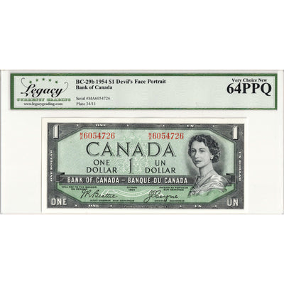 SOLD $1 1954 Bank of Canada Note Devil Face M/A Prefix BC-29b - Legacy Ch UNC-64 PPQ