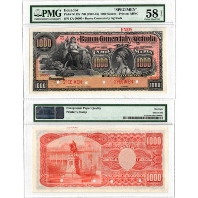 SOLD Ecuador ND (1907-1916) 1000 Sucres Specimen Note P #S132s - PMG-58 EPQ