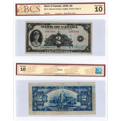 SOLD $2 1935 Bank of Canada Note English Text BC-3 - BCS VG-10