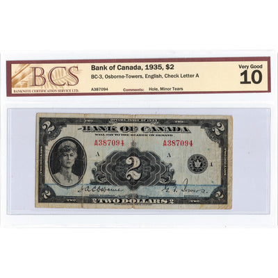 SOLD $2 1935 Bank of Canada Note English Text BC-3 - BCS VG-10