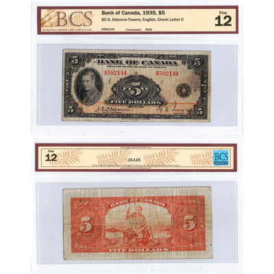 SOLD $5 1935 Bank of Canada Note English Text BC-5 - BCS F-12