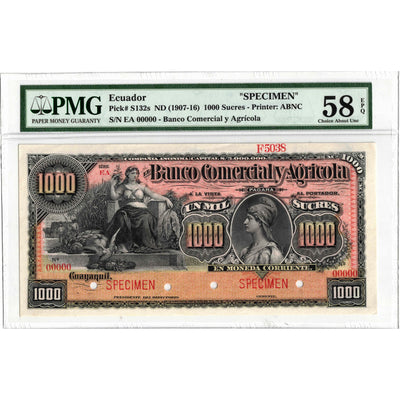 SOLD Ecuador ND (1907-1916) 1000 Sucres Specimen Note P #S132s - PMG-58 EPQ
