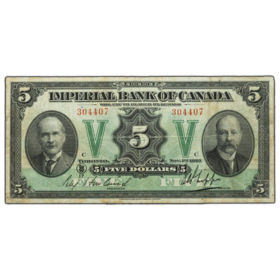 SOLD $5 1923 Imperial Bank of Canada Chartered Note #375-18-02 - F/VF (minor pinholes)