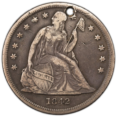 United States 1842 $1 Seated Liberty Silver Dollar Coin - Holed / Engraving