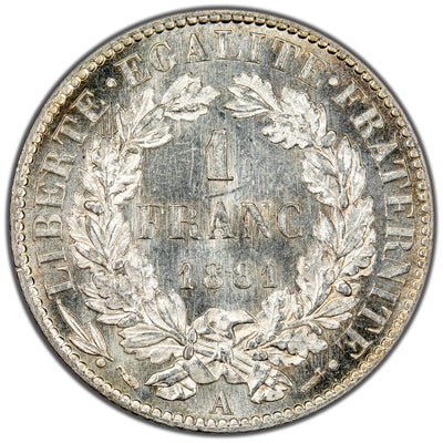 France 1881 A One Franc SIlver Coin - Choice Uncirculated