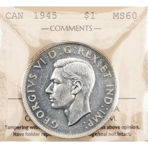 SOLD Canada 1945 5/5 $1 Silver Dollar Coin - ICCS MS-60