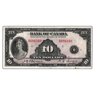 SOLD $10 1935 Bank of Canada Note English Text BC-7 - VF (minor stains)