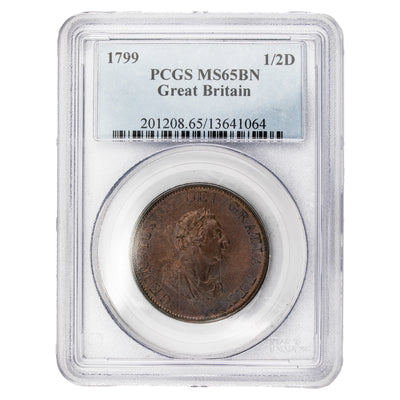 Great Britain 1799 1/2d Half Penny Coin KM #647 - PCGS MS-65 Brown