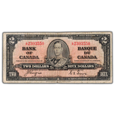 $2 1937 Bank of Canada Note Coyne-Towers L/R Final Prefix BC-22c - Fine