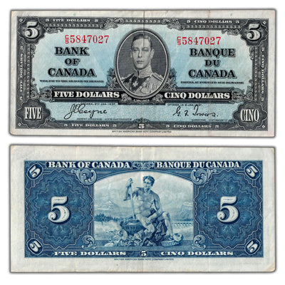 $5 1937 Bank of Canada Note Coyne-Towers E/S Prefix BC-23c - VF+