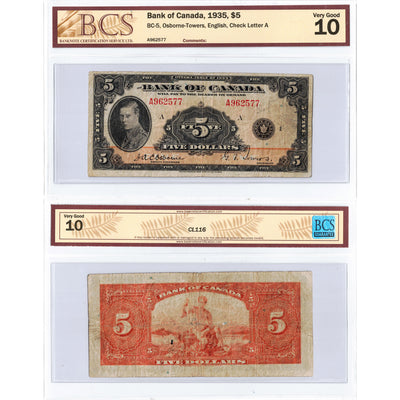 SOLD $5 1935 Bank of Canada Note English Text BC-5 - BCS VG-10