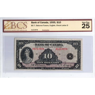 SOLD $10 1935 Bank of Canada Note English Text BC-7 - BCS VF-25