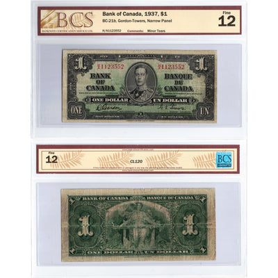 $1 1937 Bank of Canada Note Gordon-Towers H/A Narrow Panel Prefix BC-21b - BCS F-12
