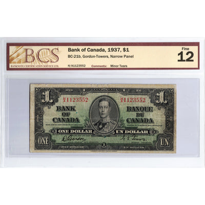 $1 1937 Bank of Canada Note Gordon-Towers H/A Narrow Panel Prefix BC-21b - BCS F-12