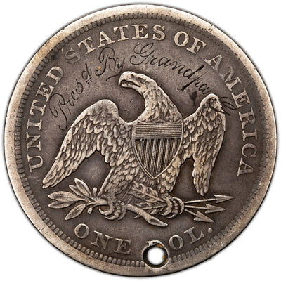 United States 1842 $1 Seated Liberty Silver Dollar Coin - Holed / Engraving