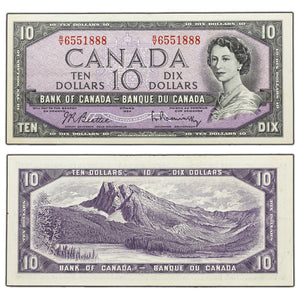 SOLD $10 1954 Bank of Canada Note Beattie-Rasminsky R/V Prefix BC-40b - EF