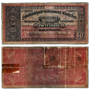 SOLD 50 Cents 1912-13 Newfoundland Government Cash Note NF-8c - Tears, Taped
