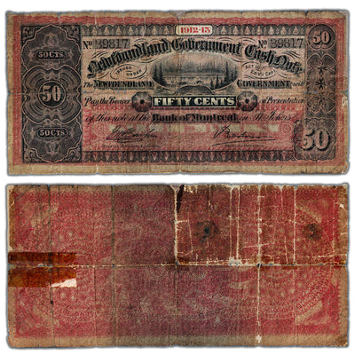 SOLD 50 Cents 1912-13 Newfoundland Government Cash Note NF-8c - Tears, Taped