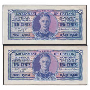 SOLD Ceylon 1942 10 Cents Notes P #43a - 2 Consecutive - Residue