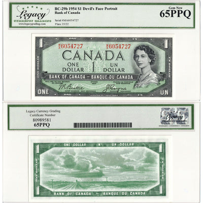 $1 1954 Bank of Canada Note Devil Face M/A Prefix BC-29b - Legacy Gem UNC-65 PPQ