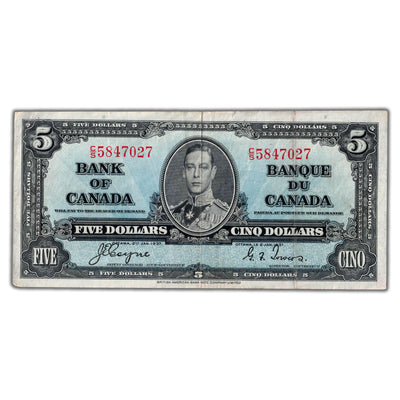 $5 1937 Bank of Canada Note Coyne-Towers E/S Prefix BC-23c - VF+