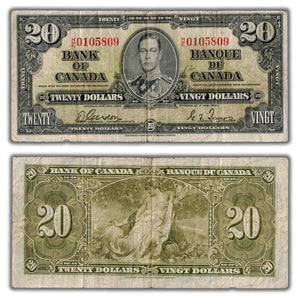 SOLD $20 1937 Bank of Canada Note H/E Changeover Prefix BC-25b - Light Writing