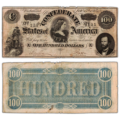 SOLD United States 1864 Confederate State of America $100 Note - Circulated