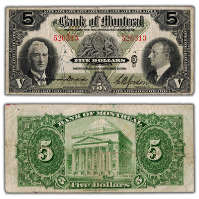 $5 1938 Bank of Montreal Canada Chartered Note CH #505-62-02 - Writing