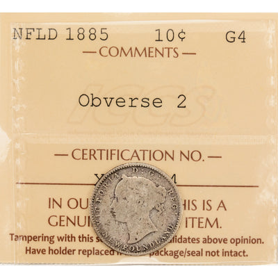 SOLD Newfoundland 1885 Obverse #2 10 Cents Silver Coin - ICCS G-4