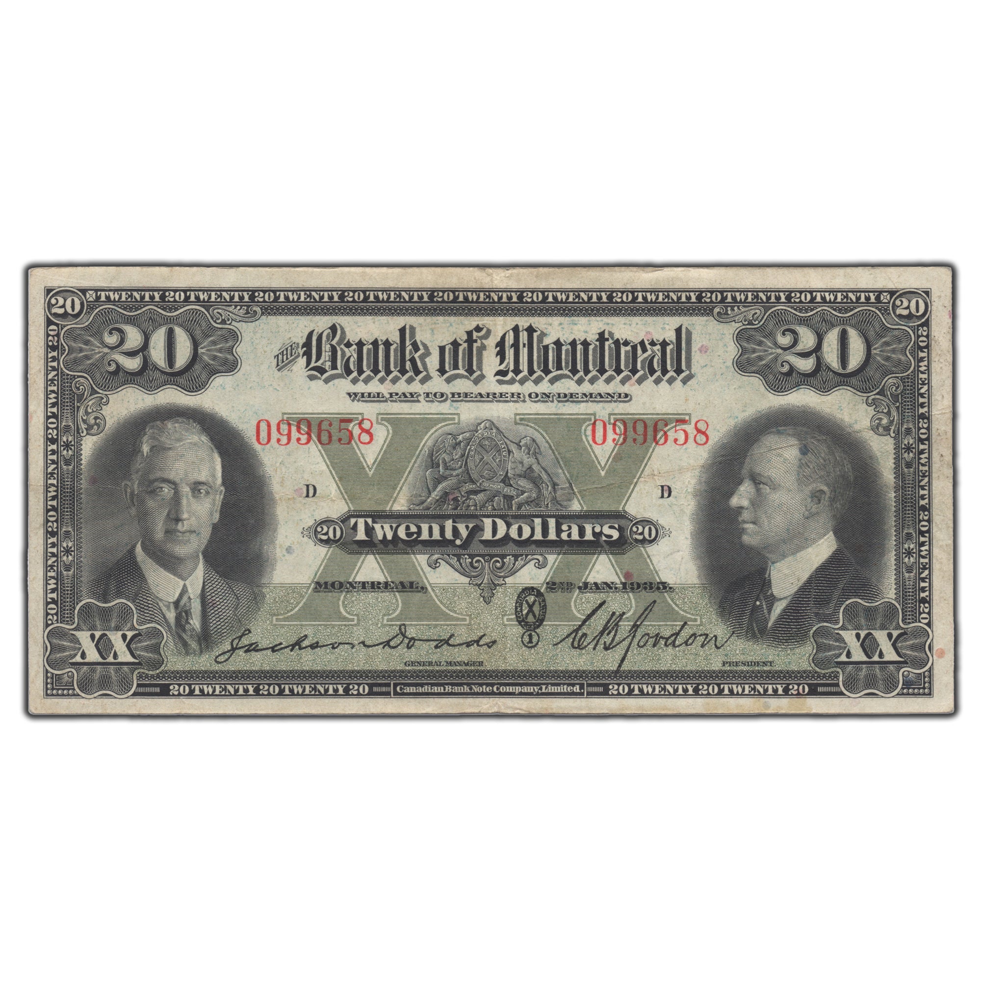SOLD $20 1935 Bank of Montreal Canada Chartered Note #505-60-06 - VF ...