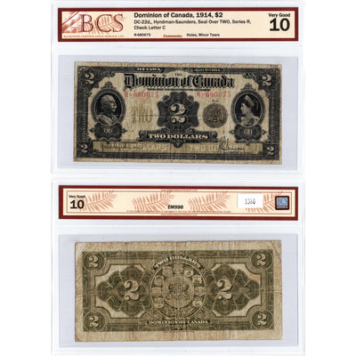 SOLD $2 1914 Dominion of Canada Note Seal over TWO Series R DC-22d - BCS VG-10