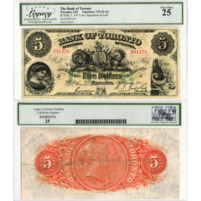 $5 1917 The Bank of Toronto Canada Chartered Note #715-22-14 - Legacy VF-25