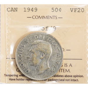 SOLD Canada 1949 Hoof/9 50 Cents Half Dollar Silver Coin - ICCS VF-20