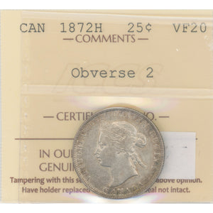 Canada 1872-H Obverse 2 25 Cents Quarter Silver Coin - ICCS VF-20