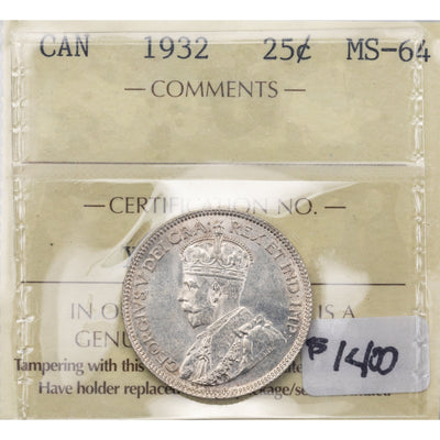SOLD Canada 1932 25 Cents Quarter Silver Coin - ICCS MS-64
