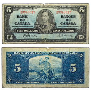 SOLD $5 1937 Bank of Canada Note Gordon-Towers M/C Prefix BC-23b