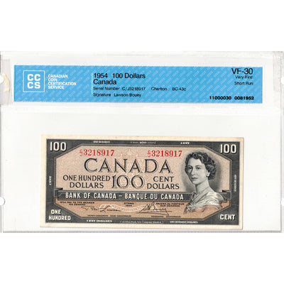 SOLD $100 1954 Bank of Canada Note Lawson-Bouey BC-43c - CCCS VF-30