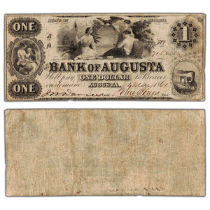 SOLD United States 1861 Bank of Augusta $1 One Dollar Note - Cut Cancelled