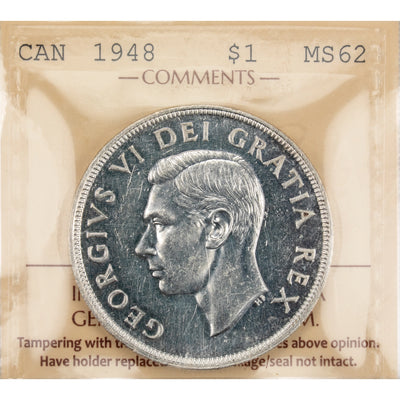 Canada 1948 $1 Silver Dollar Coin Key Date! - ICCS MS-62