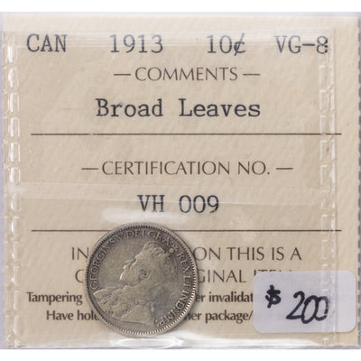 SOLD Canada 1913 Broad Leaves 10 Ten Cents Silver Coin - ICCS VG-8