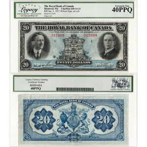 SOLD $20 1927 Royal Bank of Canada Chartered Note #630-14-12 - Legacy EF-40 PPQ
